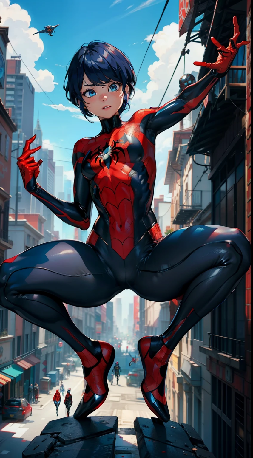 Unreal engine: 1.4, UHD, best quality: 1.4, photorealistic: 1.4, skin texture: 1.4, masterpiece: 1.8, posing behind spider, very sensual, with spider man clothes, in apocalyptic cyberpunk city, Brazil, Funk dance, undercarriage, Big, thick legs, Wear red and blue latex outfit, showing a piece of, Micro spiderman latex pants, full body,,beautiful thin hands,