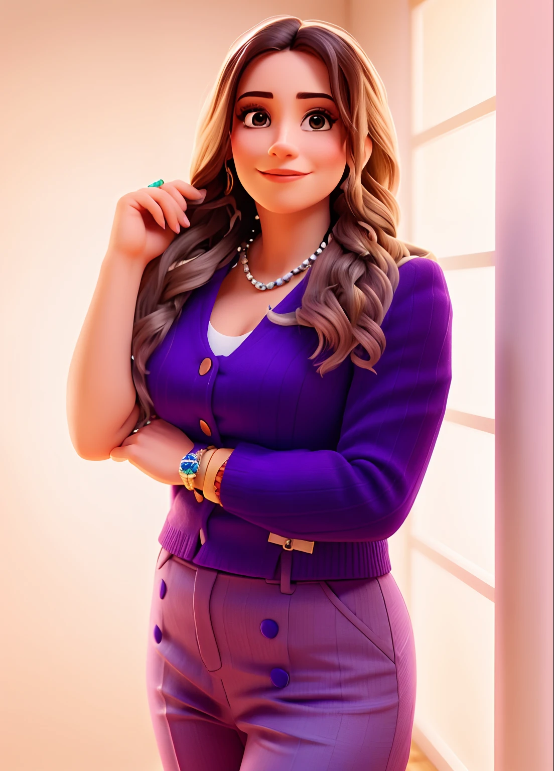Um close up de uma mulher, a cor do cabelo loiro claro, Disney pixel style with a purple blazer and purple pants posing for a photo, Lorena Avarez, fernanda suarez, Marischa Becker, Carola Rubio, julia fuentes, taken in the early 2020s, Estefania Villegas Burgos, imagem de perfil, inspired by Gina Pellón, by Amelia Peláez, by Gina Pellón
