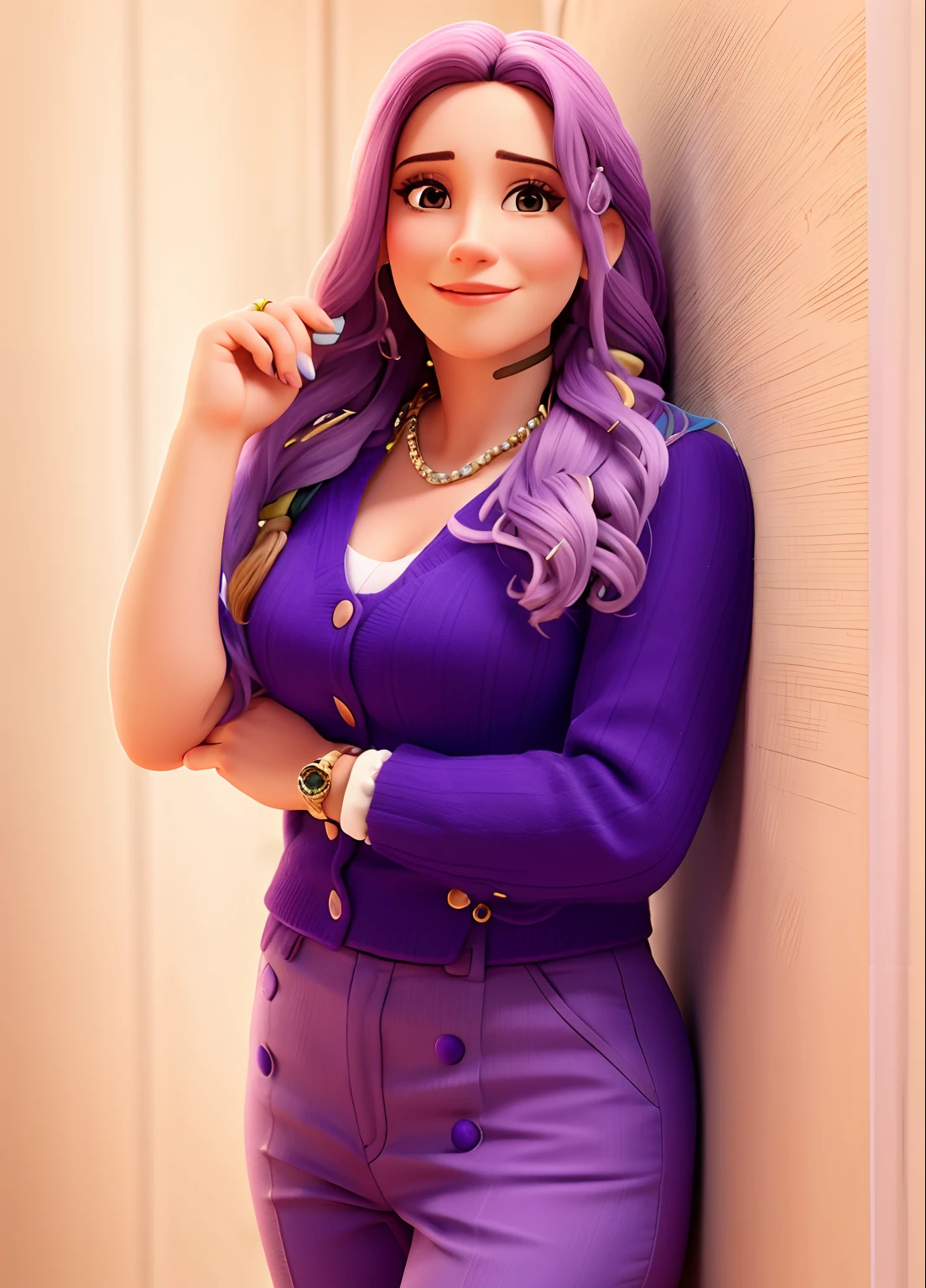 Um close up de uma mulher, a cor do cabelo loiro claro, Disney pixel style with a purple blazer and purple pants posing for a photo, Lorena Avarez, fernanda suarez, Marischa Becker, Carola Rubio, julia fuentes, taken in the early 2020s, Estefania Villegas Burgos, imagem de perfil, inspired by Gina Pellón, by Amelia Peláez, by Gina Pellón