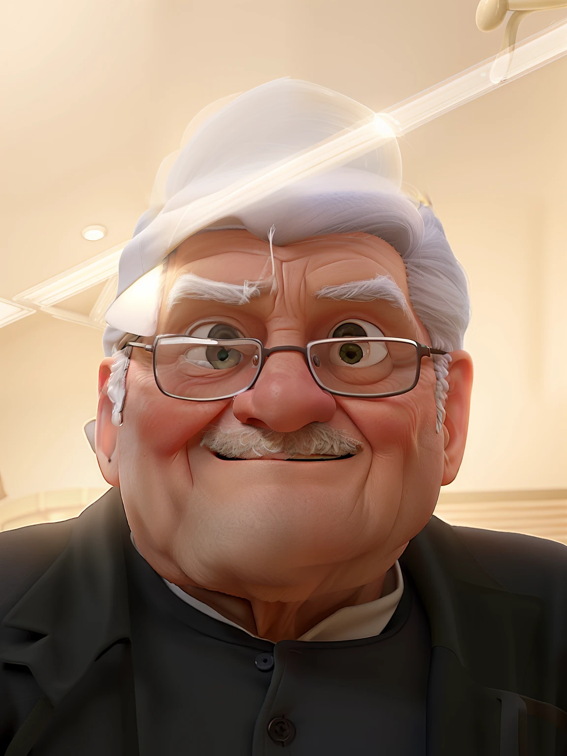 A wise old man standing in front, illuminated by the light of a lamp, against the backdrop of a library