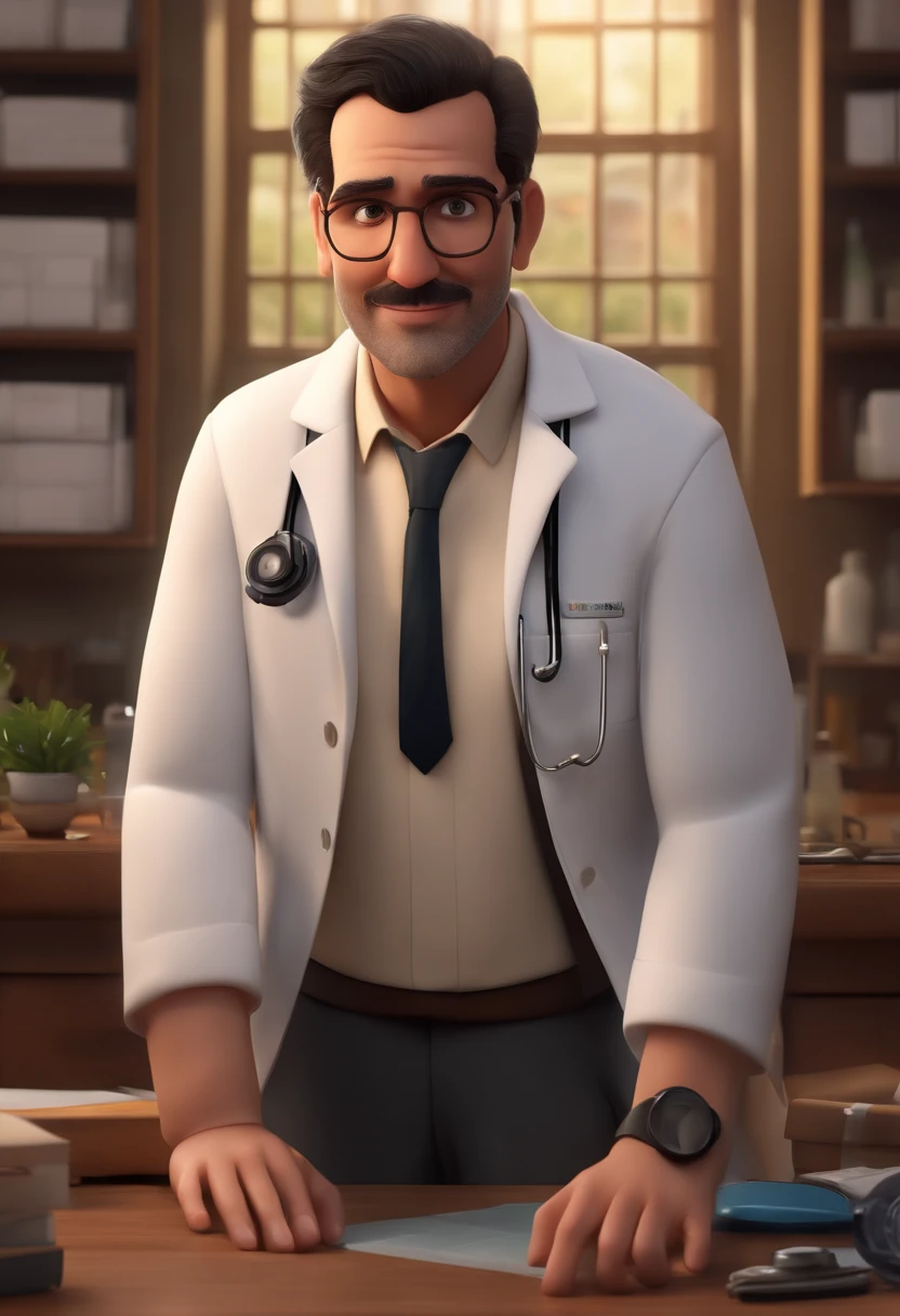 (best quality,4k,8k,highres,masterpiece:1.2),ultra-detailed,(realistic,photorealistic,photo-realistic:1.37),drawn illustration`,pixar style,characters,man,40 years old,hair:short black hair,eyes:brown,inside a lab coat