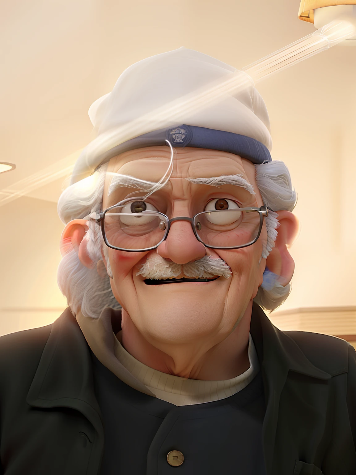 A wise old man standing in front, illuminated by the light of a lamp, against the backdrop of a library