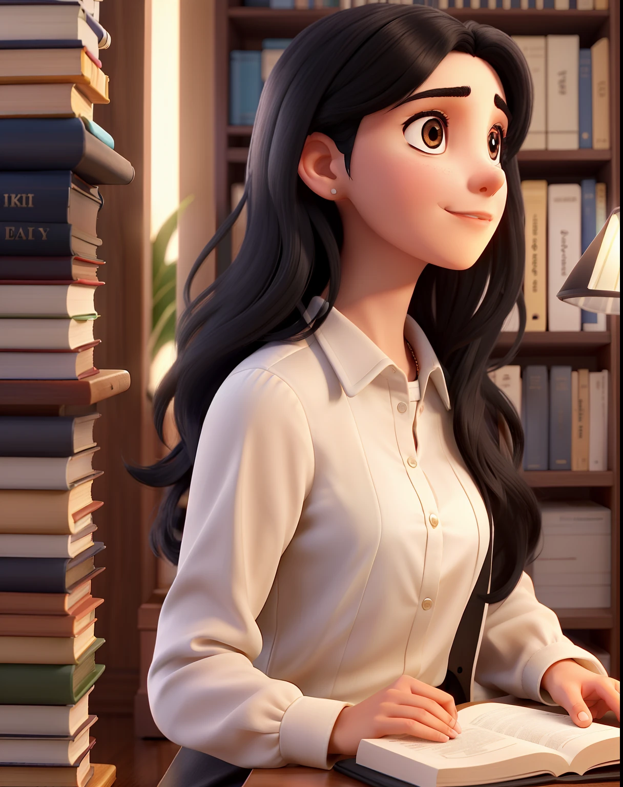 A black-haired 23-year-old in the role of a history teacher, parado na frente, illuminated by the light of a lamp, contra o pano de fundo de uma biblioteca