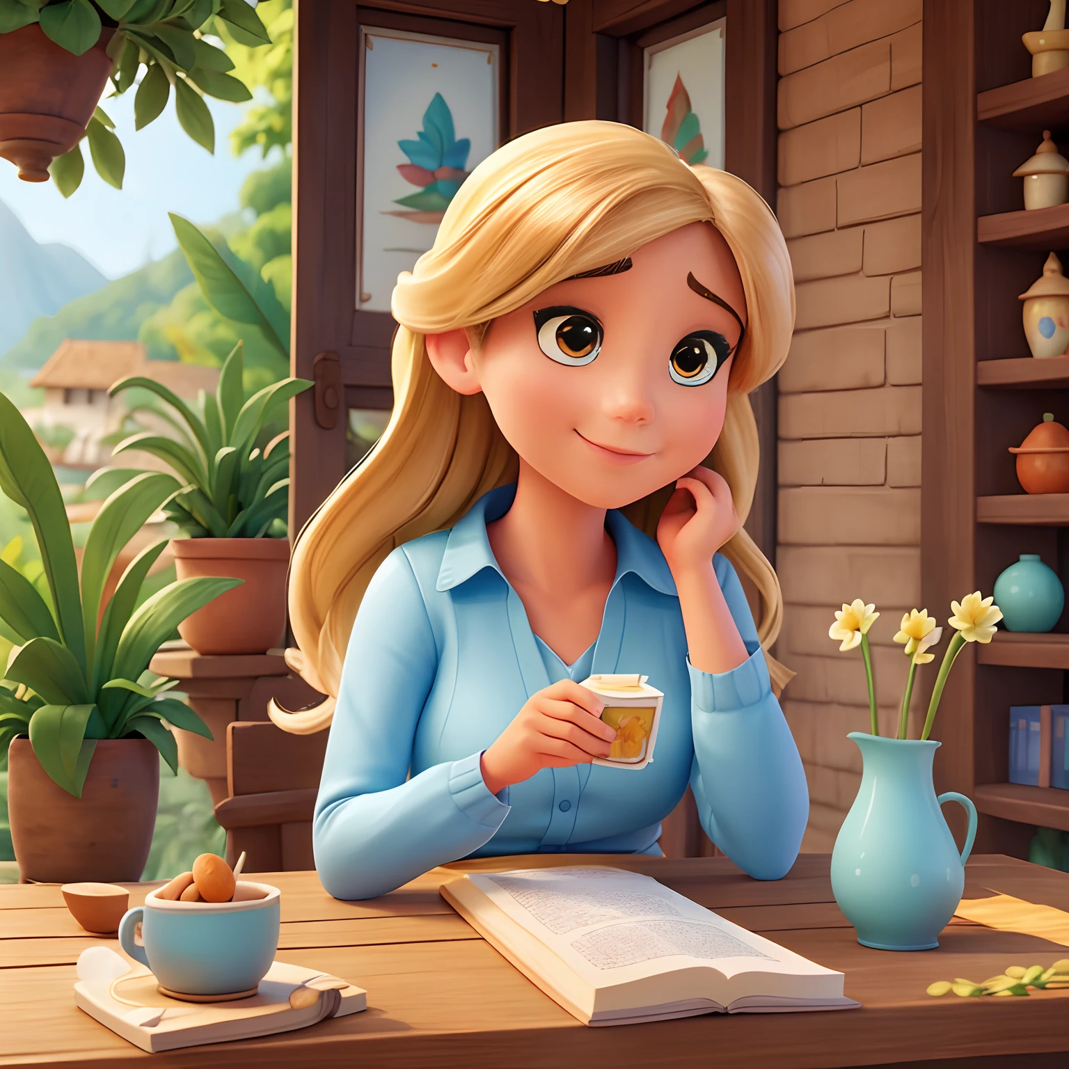A woman sitting at a wooden table on the terrace, Nice and quiet place of soft light with potted plants, The beautiful woman is reading a book of fables, pequenas borboletas azuis sobrevoam o livro com se estivessem saindo de dentro livro, painting digital adorable, bela arte digital, Pintura realista, arte digital detalhada bonito, in style of disney animation, very magical and dreamy, Beautiful digital illustration, arte de pintura digital dos desenhos animados