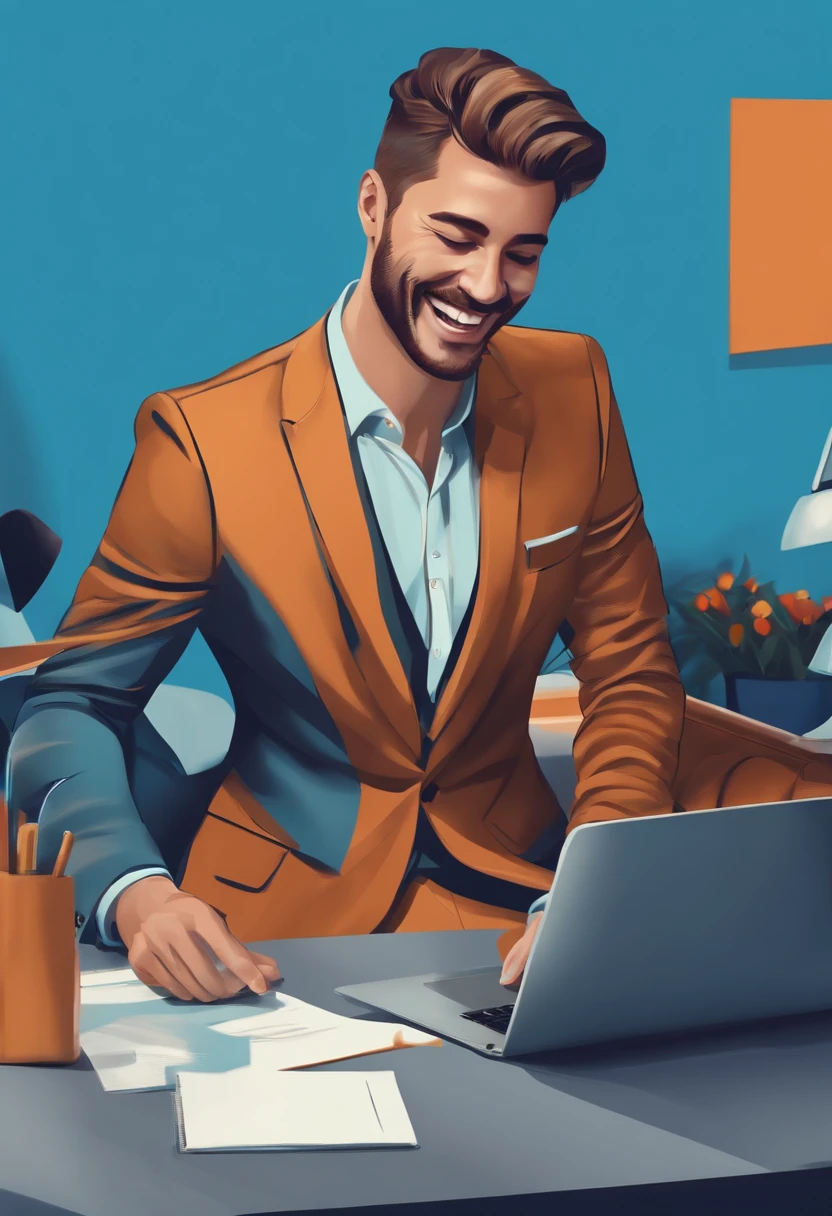 Handsome and cheerful freelancer dressed in elegant suit working on project. Young professional businessman laughing and checking emails on wireless computer standing on blue background