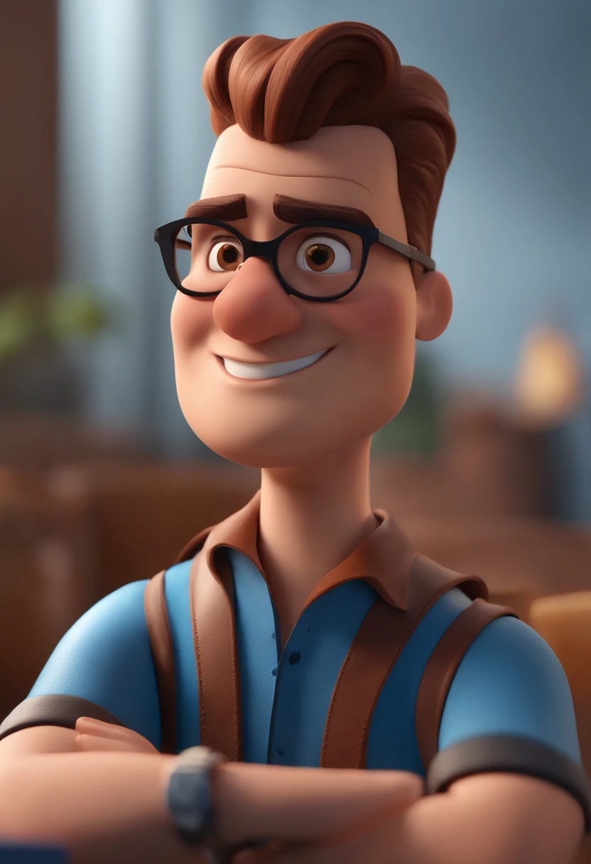 Cartoon character of a man with black glasses and a blue shirt, animation character, Caractere estilizado, animation style rendering, 3D estilizado, Arnold Maya render, 3 d render stylized, toon render keyshot, Personagem 3D, Personagem 3D, 3d rendering stylized, 3 d character render, personagem de desenho animado, Personagem de close up, Pose de personagem, (Estilo Pixar) (master part:1.2) (Bokeh) (best quality) (pele detalhada) (textura detalhada) (8k) (argila) (Cinematic lighting) (foco nítido