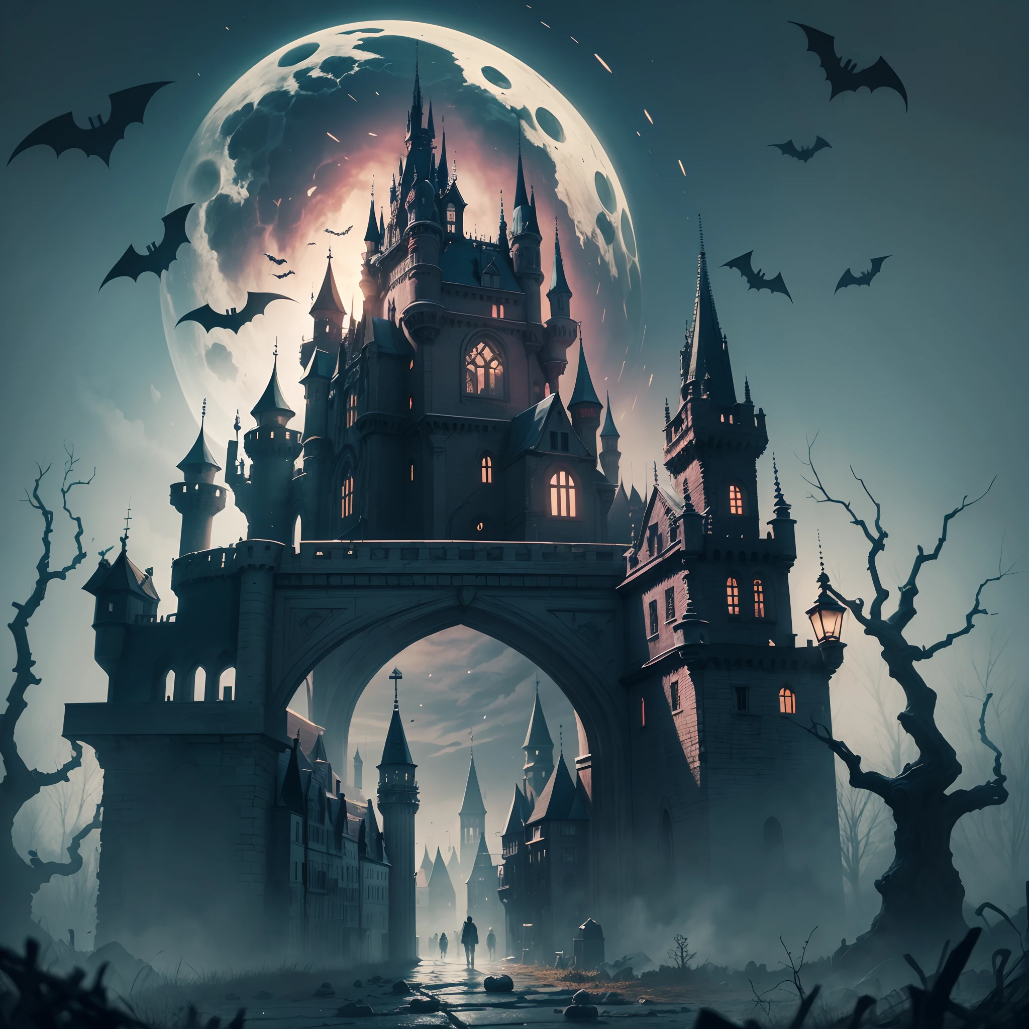 a horror castle, with a Halloween background, super detailed, with ghosts, 9:16 format, 4k --auto --s2