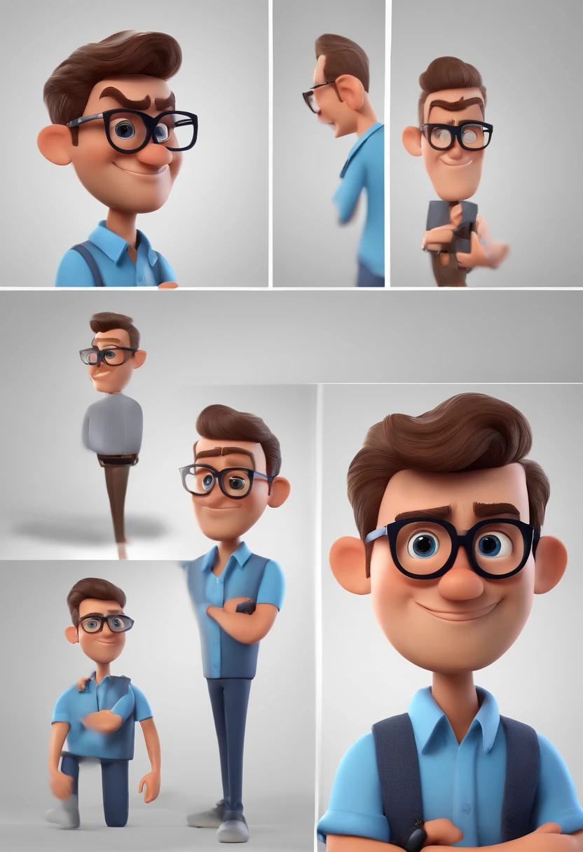 Cartoon character of a man with black glasses and a blue shirt, animation character, Caractere estilizado, animation style rendering, 3D estilizado, Arnold Maya render, 3 d render stylized, toon render keyshot, Personagem 3D, Personagem 3D, 3d rendering stylized, 3 d character render, personagem de desenho animado, Personagem de close up, Pose de personagem, (Estilo Pixar) (master part:1.2) (Bokeh) (best quality) (pele detalhada) (textura detalhada) (8k) (argila) (Cinematic lighting) (foco nítido