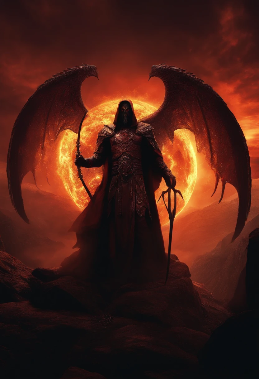 Fallen god against satan , dark and hateful eyes, epic, eerie, Creepy, nightmarish, Very bright colors, sun down, with light glowing, Mshiff, wallpaper art, UHD wallpaper