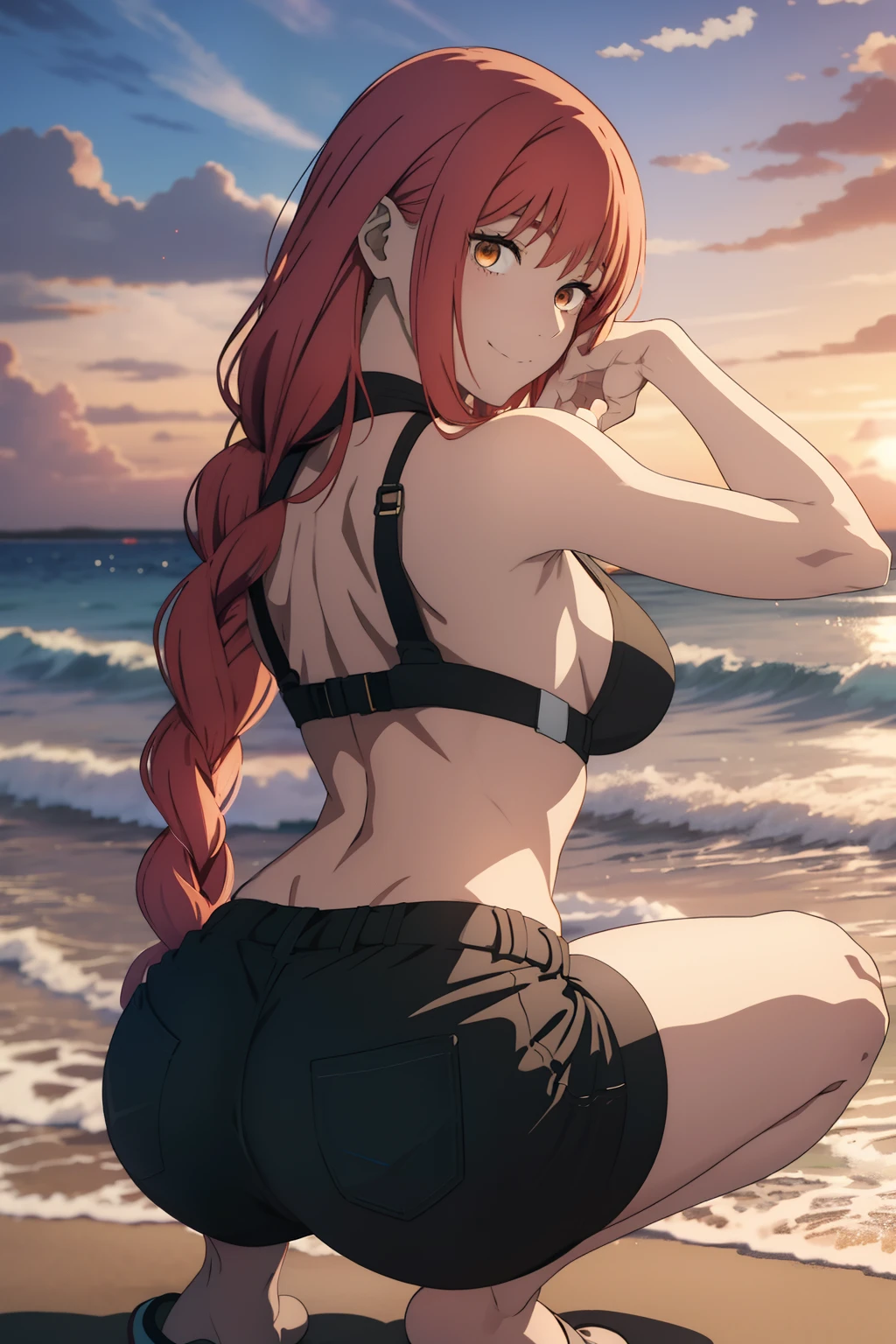 Makima \(Hombre motosierr, 1girl, solamente, Stand, red hair, long braided hair, golden eyes, bangs, medium breasts,, tie, stay, they smile, (bad: 1.2), (interview: 1.3), anime screencap, Beach , sunset , looking at the viewer, lustful, closed mouth, big ass, wide hips, short top, short shorts, unbuttoned shorts, squatting, legs apart, erotica, back