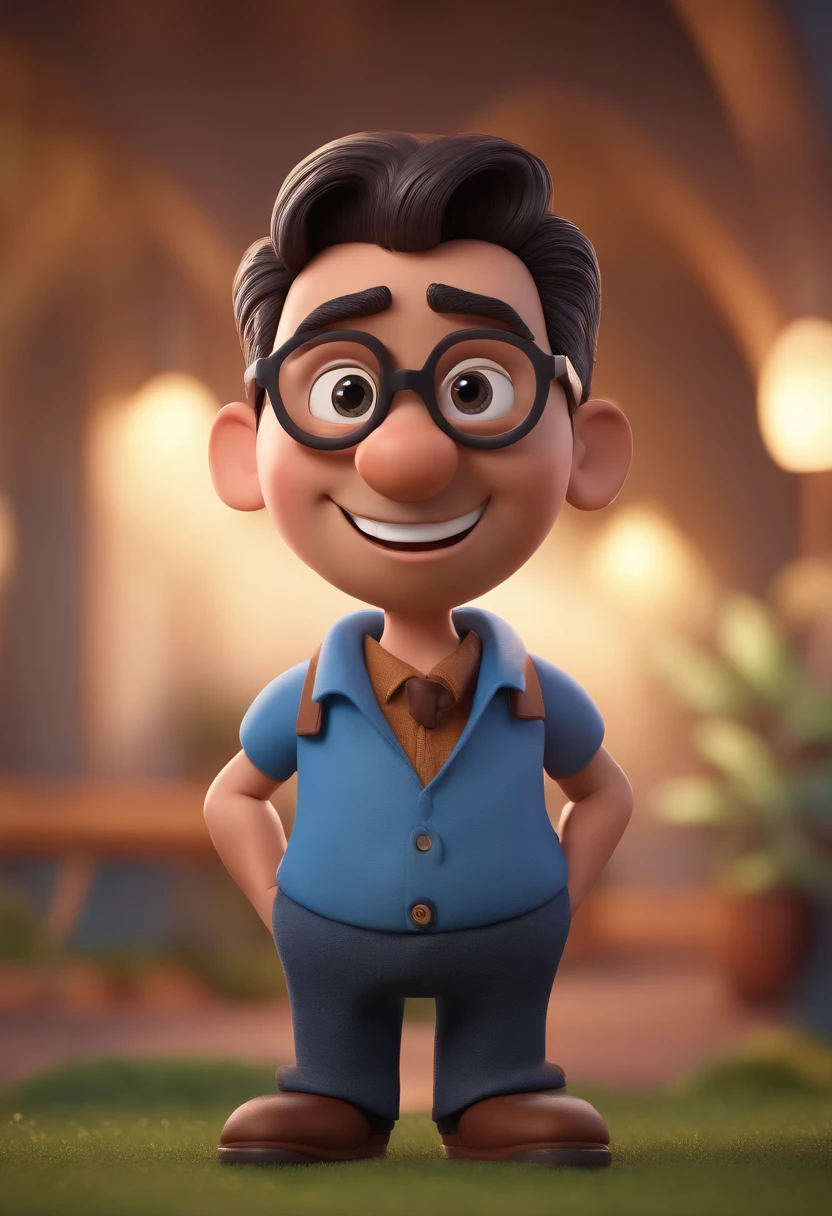 Cartoon character of a man with black glasses and a blue shirt, animation character, Caractere estilizado, animation style rendering, 3D estilizado, Arnold Maya render, 3 d render stylized, toon render keyshot, Personagem 3D, Personagem 3D, 3d rendering stylized, 3 d character render, personagem de desenho animado, Personagem de close up, Pose de personagem, (Estilo Pixar) (master part:1.2) (Bokeh) (best quality) (pele detalhada) (textura detalhada) (8k) (argila) (Cinematic lighting) (foco nítido