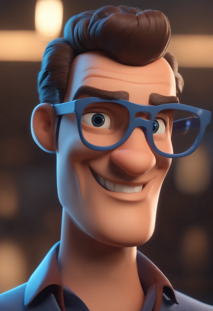 Cartoon character of a man with black glasses and a blue shirt, animation character, Caractere estilizado, animation style rendering, 3D estilizado, Arnold Maya render, 3 d render stylized, toon render keyshot, Personagem 3D, Personagem 3D, 3d rendering stylized, 3 d character render, personagem de desenho animado, Personagem de close up, Pose de personagem, (Estilo Pixar) (master part:1.2) (Bokeh) (best quality) (pele detalhada) (textura detalhada) (8k) (argila) (Cinematic lighting) (foco nítido