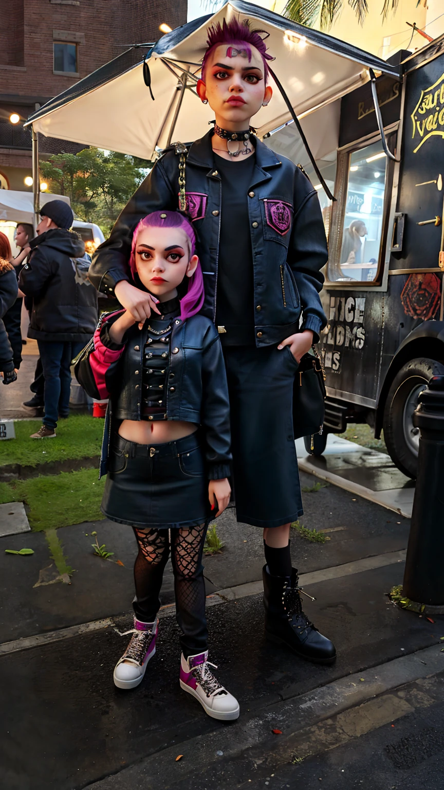There's a man and a girl standing in front of a food truck, vestido com roupas punk, with a kid, vestido com roupas crustpunk, garotinha punk, goth family, usando roupas punk, Menina em um desfile de moda no inferno, usando uma roupa punk, cool dad vibes, roupa punk, mall goth, vestindo roupas espaciais, she is wearing streetwear