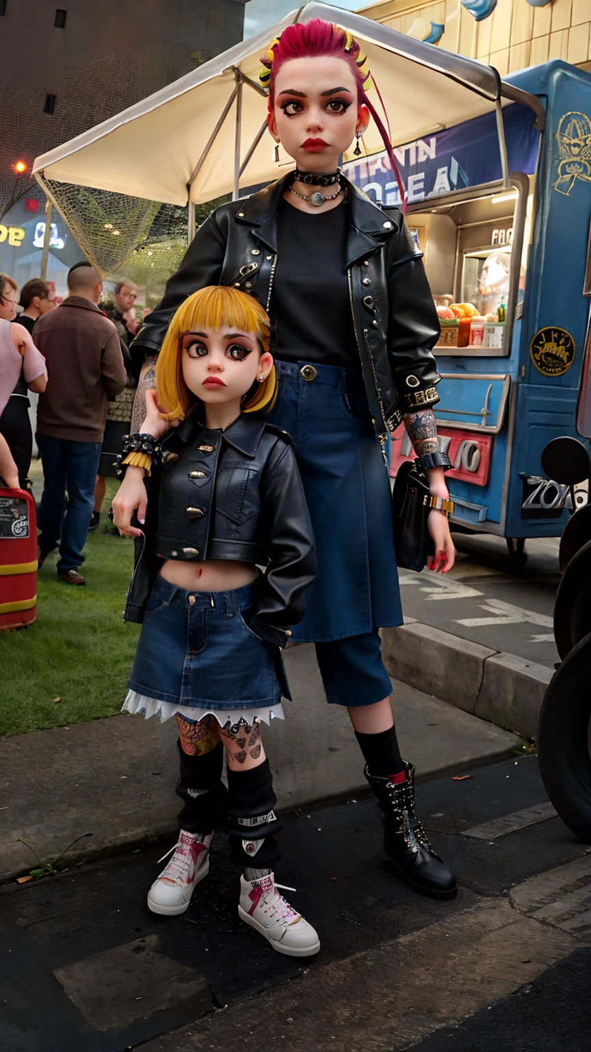 There's a man and a girl standing in front of a food truck, vestido com roupas punk, with a kid, vestido com roupas crustpunk, garotinha punk, goth family, usando roupas punk, em um desfile de moda no inferno, usando uma roupa punk, cool dad vibes, roupa punk, mall goth, vestindo roupas espaciais, she is wearing streetwear