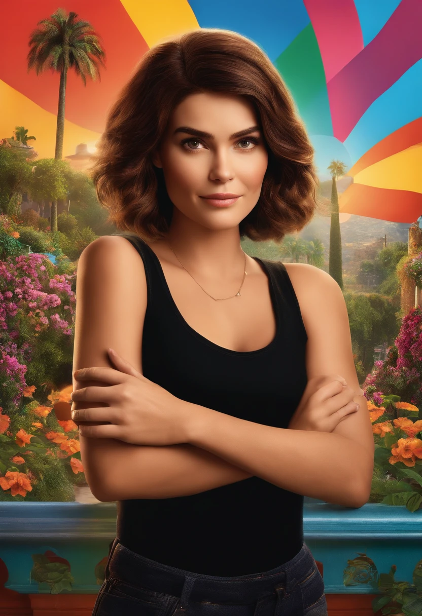 filme Marketing 2023 estilo filmes Pixar, Com nome "N - Marketing", poster, With short, lighter brunette hair and a black t-shirt in front of her crossed arms.