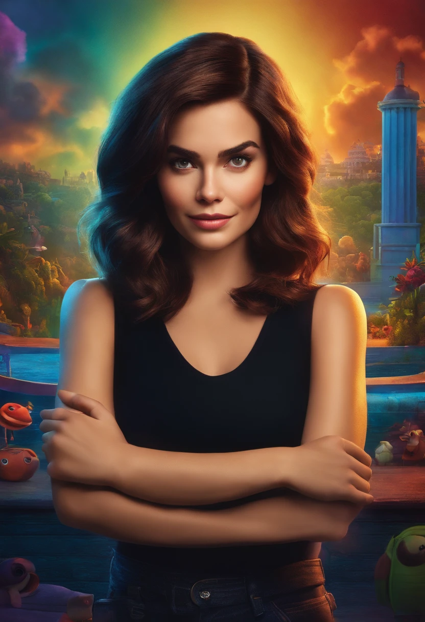 filme Marketing 2023 estilo filmes Pixar, Com nome "N - Marketing", poster, With short, lighter brunette hair and a black t-shirt in front of her crossed arms.