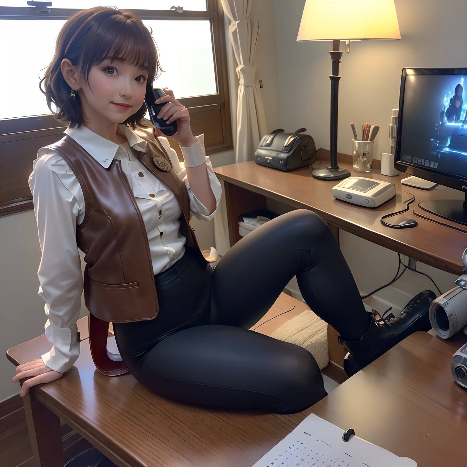 (masterpiece, highest quality, highest resolution, distinct_image, very elaborate CG, cinematic lighting, ray tracing, drop shadows, detailed detail, (photorealistic: 1.4), high quality textures, fine-grained, realistic face expression): (lone girl, face is Japan, brown short hair, hair tied back, small size breasts, sparkly eyes, eye level shot, facing forward, happy smile, beauty, slim body, holiday, own room, console game, computer, display, keyboard, mouse, long leather pants, white shirt with collar, leather vest, cardian, carrying leather bag on back, long boots, antique radio, coffee, model train, Bookshelves, wooden chairs, pots, fans, paintings, stuffed animals, ties, notebooks, stationery, vases, photo frames, letters, fountain pens, calendars, lamps, cushions, baskets, mirrors in profile, candles, newspapers, sweets, park view outside the window, telephone, fruit, telescope, retro TV)