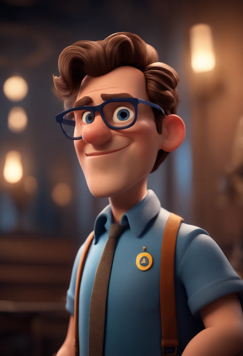 Cartoon character of a man with black glasses and a blue shirt, animation character, Caractere estilizado, animation style rendering, 3D estilizado, Arnold Maya render, 3 d render stylized, toon render keyshot, Personagem 3D, Personagem 3D, 3d rendering stylized, 3 d character render, personagem de desenho animado, Personagem de close up, Pose de personagem,  (Estilo Pixar) (master part:1.2) (Bokeh) (best quality) (pele detalhada) (textura detalhada) (8k) (argila) (Cinematic lighting) (foco nítido