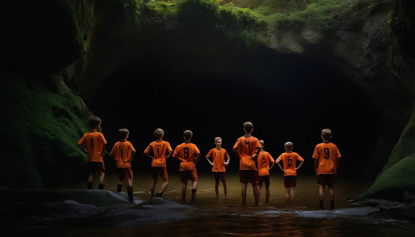 youth male soccer team (kids) trapped inside a closed dark cave with flooding waters, low oxygen levels because it's closed