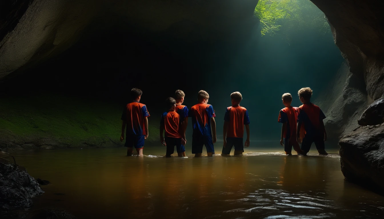 youth male soccer team () trapped inside a closed dark cave with flooding waters, low oxygen levels because it's closed