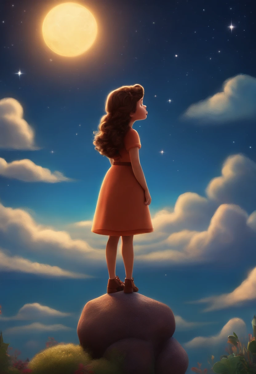 A singer looking up at the skies in pixar style contemplating the creation of the world, com cores vivas e azuis sutileza