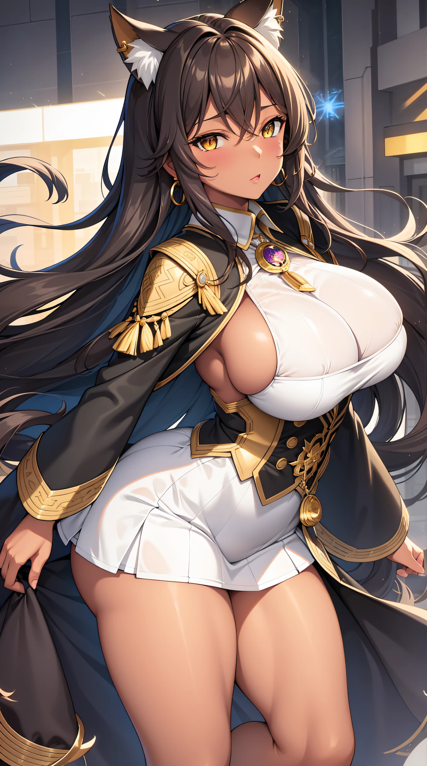 (best quality:1.5, highres, UHD, 4K, detailed lighting, shaders), brown wavy hair, gradient hair, cat ears, large breasts, large butt, big thighs, mature woman, woman stretch jersey, small skirt, white panties, white skirt, (pov), full body, white background, colorful eyeshadow, dramatic lighting, sparkling eyes, confident expression, golden earrings, flowing hair, delicate facial features, dark skin, high cheekbones, stylish clothing, urban setting, white background