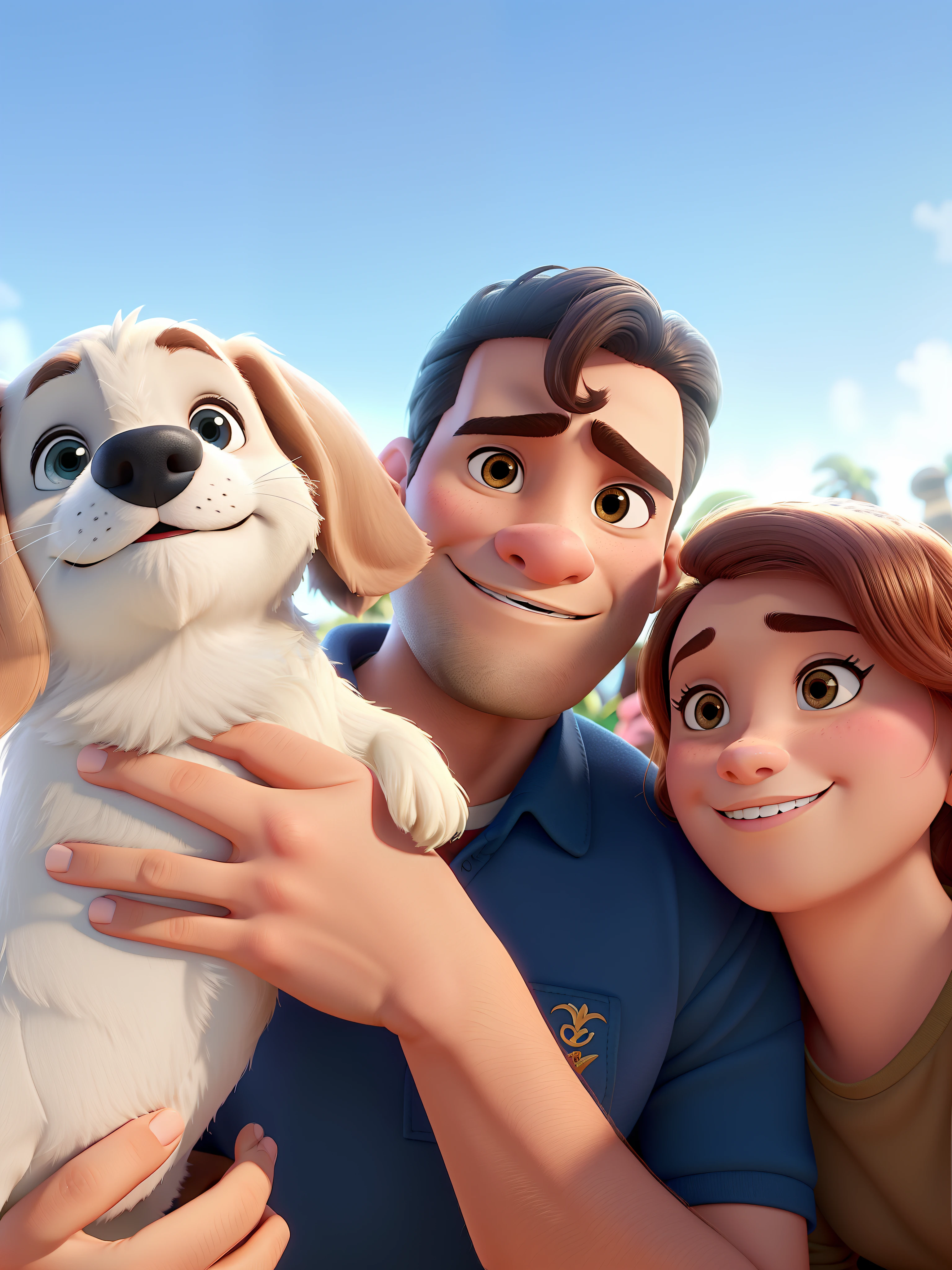 Um homem, uma mulher e um cachorro no estilo Disney pixar, alta qualidade, melhor qualidade