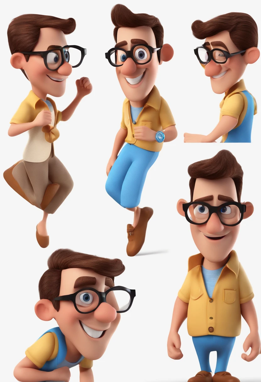 Cartoon character of a man with black glasses and a blue shirt, animation character, Caractere estilizado, animation style rendering, 3D estilizado, Arnold Maya render, 3 d render stylized, toon render keyshot, Personagem 3D, Personagem 3D, 3d rendering stylized, 3 d character render, personagem de desenho animado, Personagem de close up, Pose de personagem,  (Estilo Pixar) (master part:1.2) (Bokeh) (best quality) (pele detalhada) (textura detalhada) (8k) (argila) (Cinematic lighting) (foco nítido