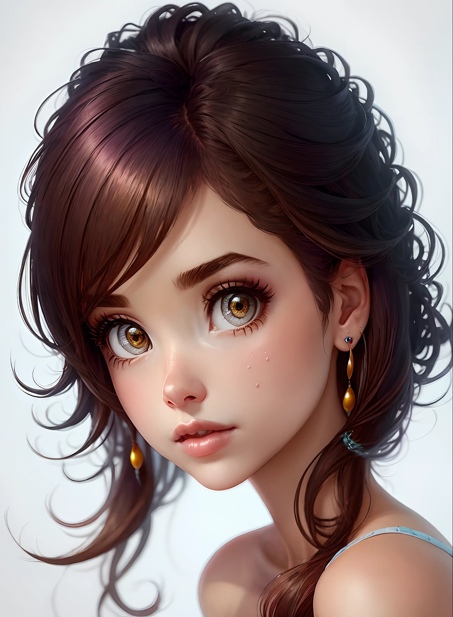 Imagem estilo pixar, com uma mulher bonita de cabelo castanho, cabelo ondulado, shoulder-length hair, olhos grandes, olhos castanhos, sobrancelha grossa e piercing no nariz