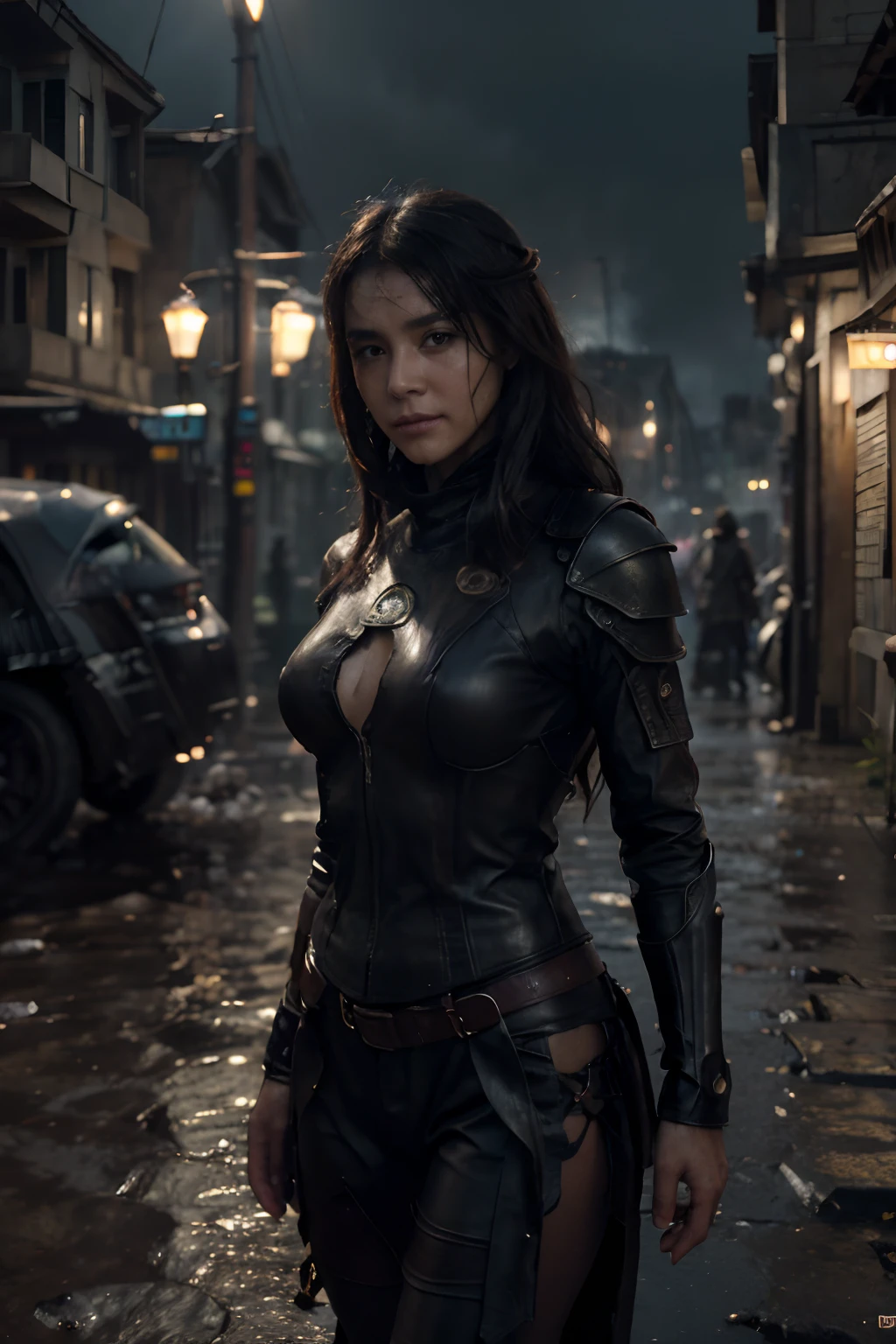 (8K, Raw-Photo, best qualtiy, tmasterpiece:1.2),(realisticlying, photograph realistic:1.4),(Highly detailed CG Unity 8k wallpaper),(Round face: 1.5), (detailed pupil:1.3),Heroes appear., ((Epic hero fantasy muscular rough woman angry wet hero long hair and intense facial expression in dynamic pose, Fantastic location, majestic cluttered environment)),((((Engraved Skull Armor)))), Full-body 8K integrated rendering, action shot, Skin pores, very dark lighting, Dense shading, detailed, Detailed Face, (vibration, photograph realistic, realisitic, Dramatic, A dark, foco nítido, 8K), (Old leather clothes damaged by bad weather:1.4), (((Using Skins))))), (intrikate:1.4), Decadent, (highly detaild:1.4), digital painting, rendering by octane, Art Station, concept-art, silky, foco nítido, Illustration, Germs in art, (Roysh:0.23), Wlop Ilya Kuvshinov, e Greg Rutkowski e Alphonse Mucha Gracias, (Global Lighting, studiolight, Light Volumetric), heavy rainy, floating particles, villainess, illusion, ating, Inteiroesbian body, ((Dark and ancient city background:1.3)),CG Sociedad,Art Station (Young but very beautiful Korean 35 year old woman,Cool Eyes,little smile,Facing Forward,Looking at the camera,Unforgettable Eyes,The eyes are so beautiful.)