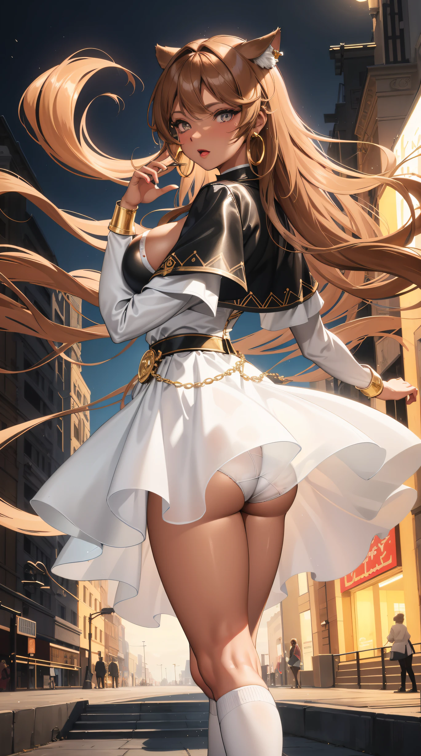 (best quality:1.5, highres, UHD, 4K, detailed lighting, shaders), brown wavy hair, gradient hair, cat ears, large breasts, large butt, big thighs, mature woman, woman stretch jersey, small skirt, white panties, white skirt, (pov), full body, white background, colorful eyeshadow, dramatic lighting, sparkling eyes, confident expression, golden earrings, flowing hair, delicate facial features, dark skin, high cheekbones, stylish clothing, urban setting, white background