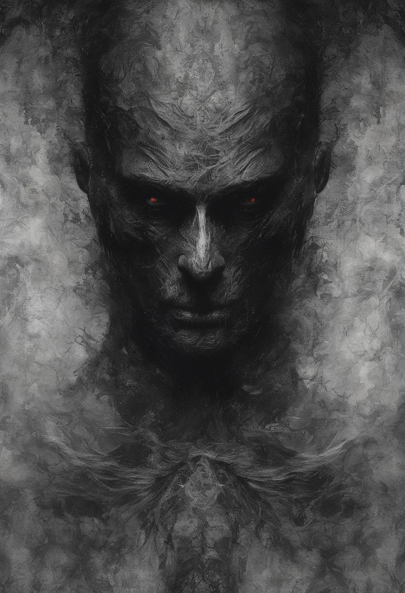 Retrato detalhado de um meio-homem, Busto hemicraniano, Avarias ocasionais, Textura da tela de neve, tons vermelho-sangue, atmosfera hiper-realista, vinhetas sutis, mal iluminado, Recursos desfocados