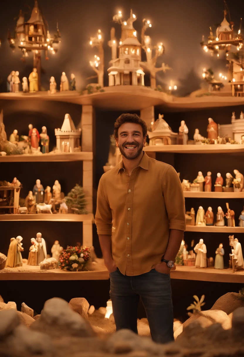 imagem mostra um homem vestindo uma camisa branca e um colar, smiling at camera. He stands in front of an exhibition of nativity scenes, which are miniature representations of the birth of Jesus Christ. The man seems to be enjoying the festive mood created by the nativity scenes. Detailed illustrations of PIXAR 3D, Detalhes hiper-realistas, cor quente no estilo Disney PIXAR 3D))