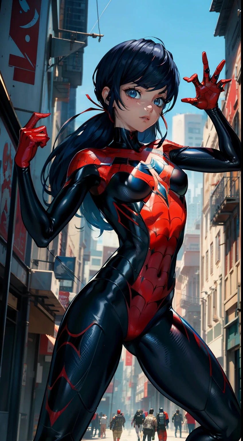 Unreal engine: 1.4, UHD, best quality: 1.4, photorealistic: 1.4, skin texture: 1.4, masterpiece: 1.8, posing behind spider, very sensual, with spider man clothes, in apocalyptic cyberpunk city, Brazil, Funk dance, undercarriage, Big, thick legs, Wear red and blue latex outfit, showing a piece of, Micro spiderman latex pants, full body,,beautiful thin hands,