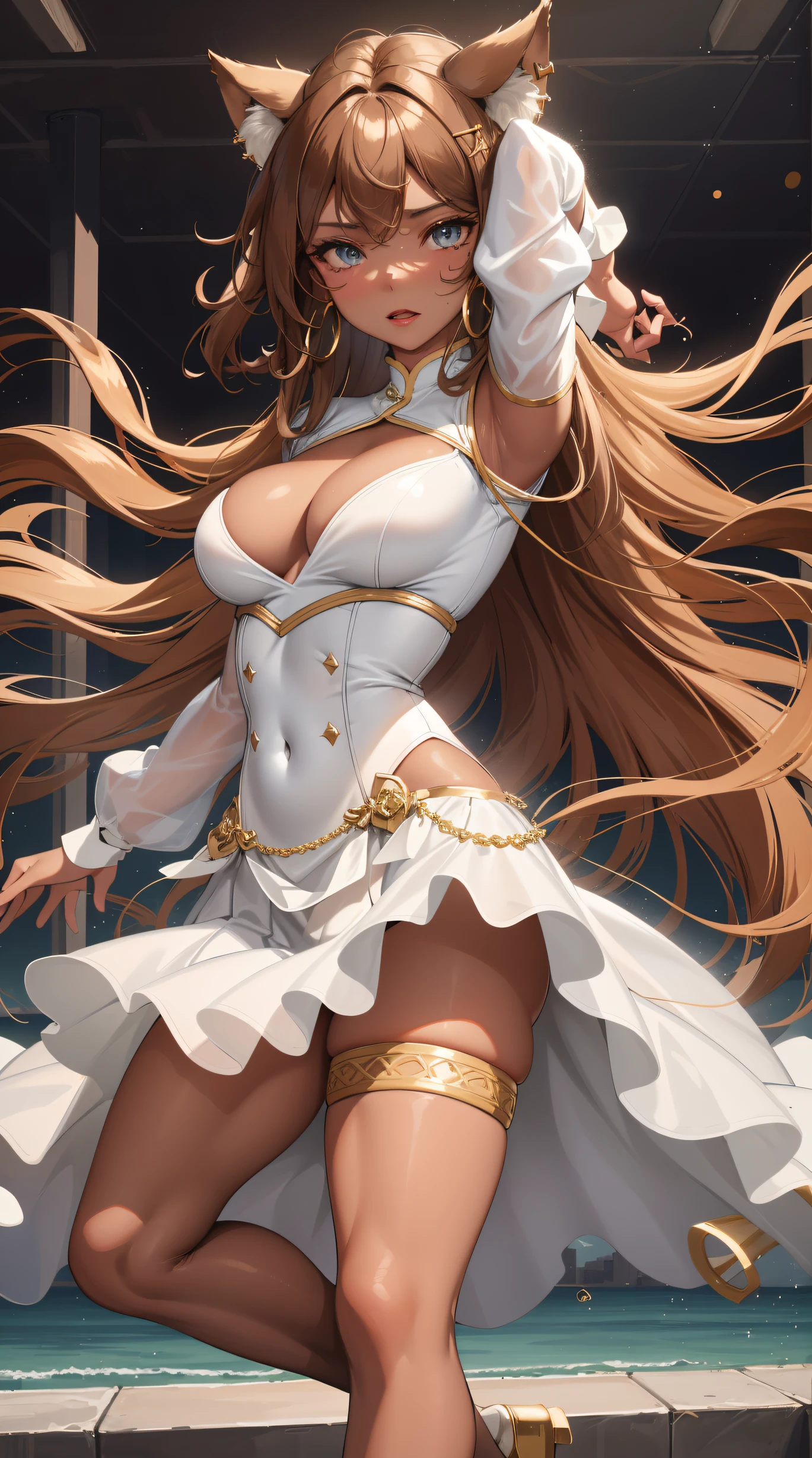 (best quality:1.5, highres, UHD, 4K, detailed lighting, shaders), brown wavy hair, gradient hair, cat ears, large breasts, large butt, big thighs, mature woman, woman stretch jersey, small skirt, white panties, white skirt, (pov), full body, white background, colorful eyeshadow, dramatic lighting, sparkling eyes, confident expression, golden earrings, flowing hair, delicate facial features, dark skin, high cheekbones, stylish clothing, urban setting, white background