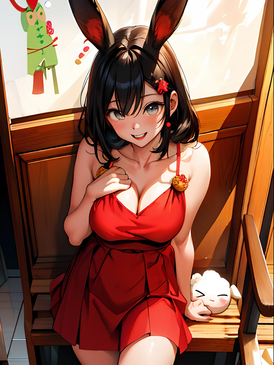 best qualtiy、tchibi、1girl in、Santa Claus Girl、santa claus、A smile、kawaii、kawaii eyes、big eye、Rabbit ears、Santa Clothes、Colossal tits、cleavage of the breast、micromini skirt、Watercolor style、