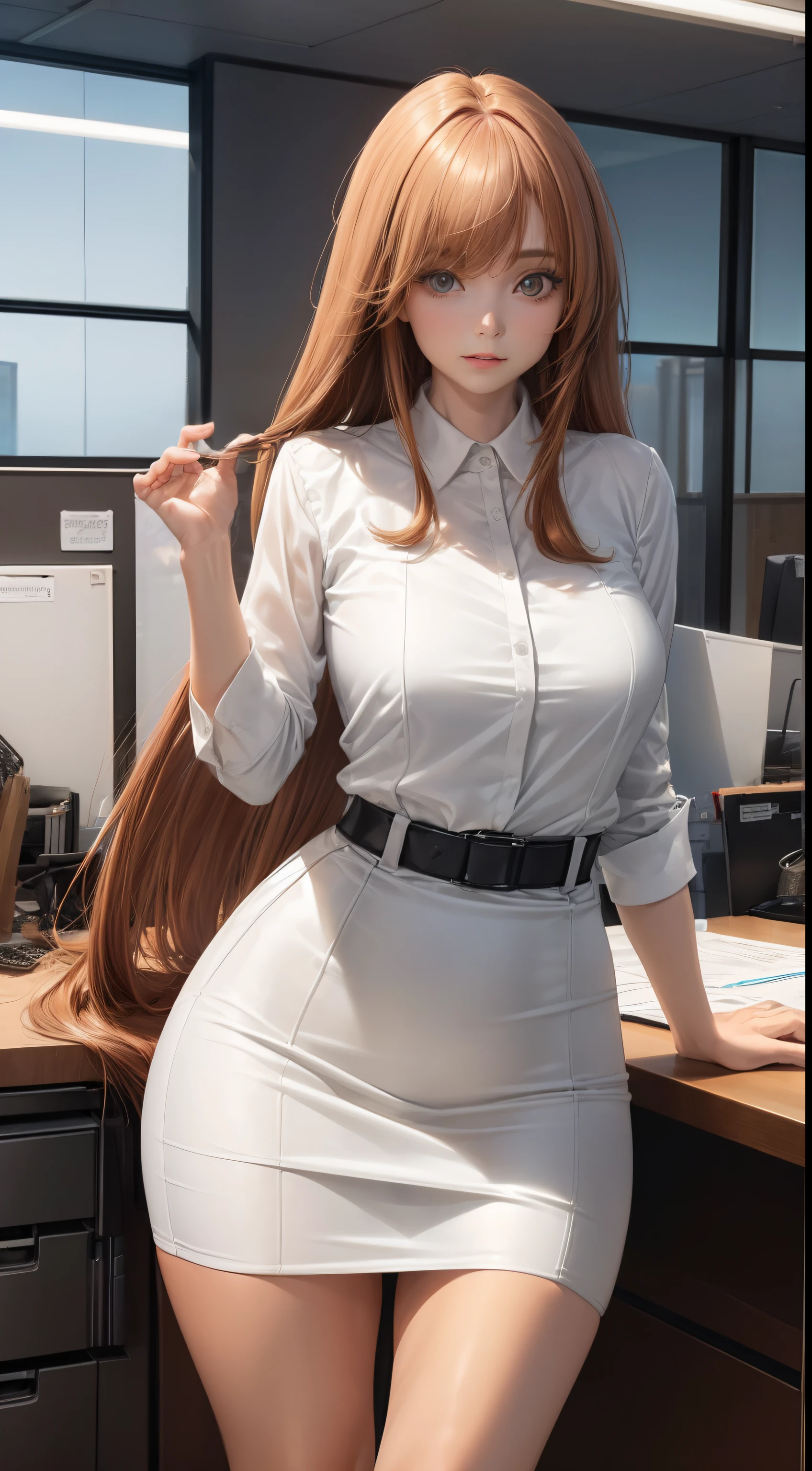 ((looking at viewer:1.5)),((1girl:1.5),curvy,petite,beautiful breasts,large breasts,pale skin,(erect )),((long hair),(thin hair:1.8),(straight hair:1.5),(Swept bangs:1.5),(extra light coppery amber hair:1.5),(hair over one eye:1.2)),((realistic),8k,ultra HD,high resolution,best quality,masterpiece,(Sense of presence:1.5),(Dynamic:1.5),(bold:1.5)),((clothed:1.5),(office lady:1.5))