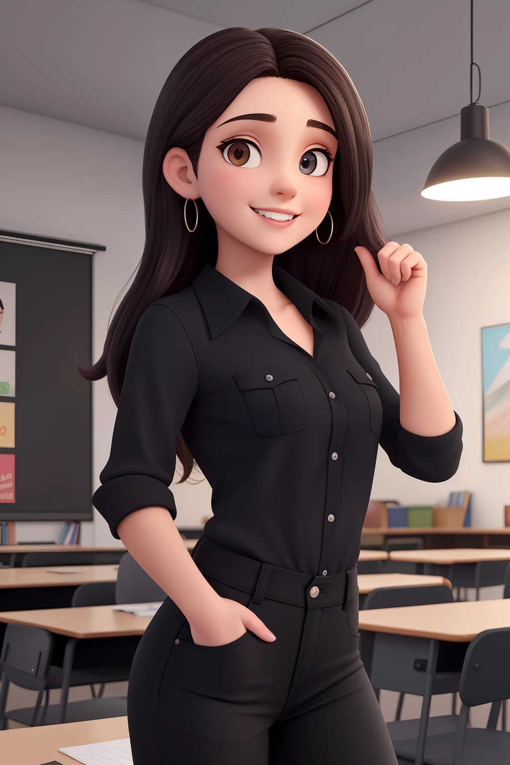 Uma mulher de 18 anos, com longos cabelos castanhos escuros , Rosto redondo, sorriso encantador, e olhos castanhos, In a classroom, studio lighting, sign language interpreter and sign language teacher. She's wearing black clothes, blouse and black jeans