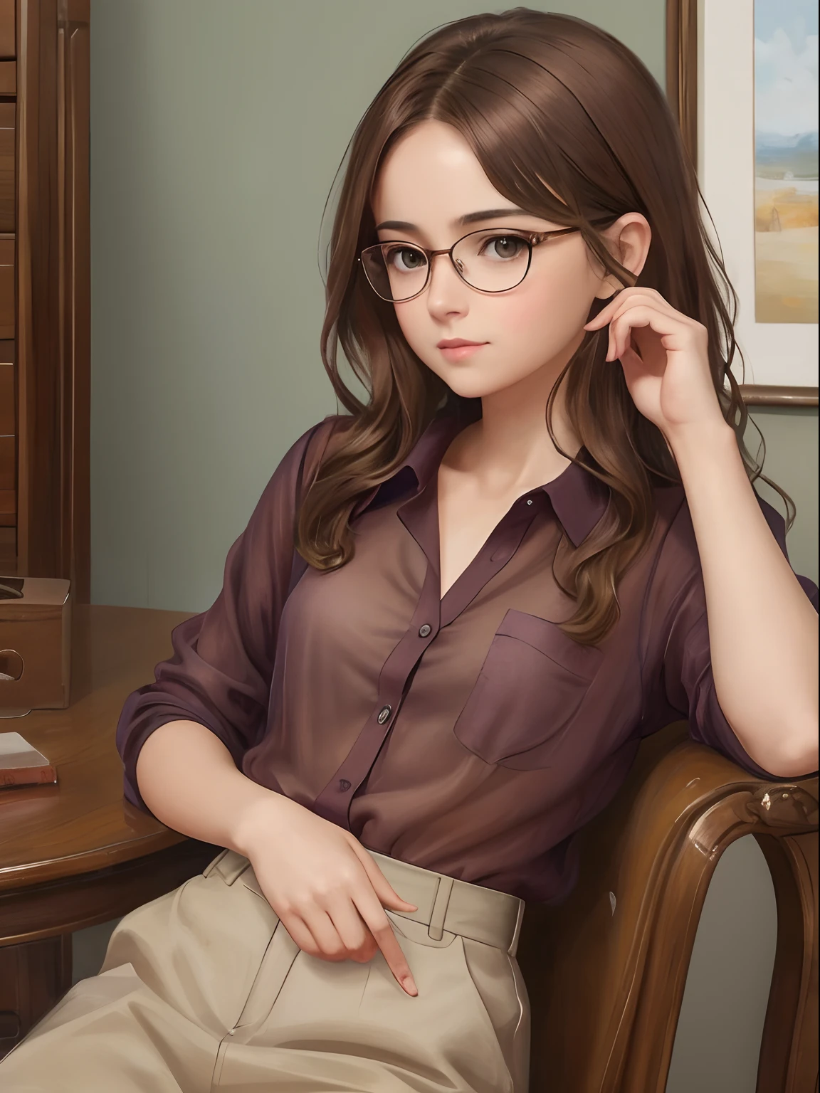 a 1girl, a beautiful ****-**** girl, extremely small breasts, short wavy brown hair, brown eye, eyeglasses, portraite, oil painted, contemporary, sheer silk blouse with unbuttoned top button without bra, Realistic Proportion, Intricate, intricate detials, sharp-focus