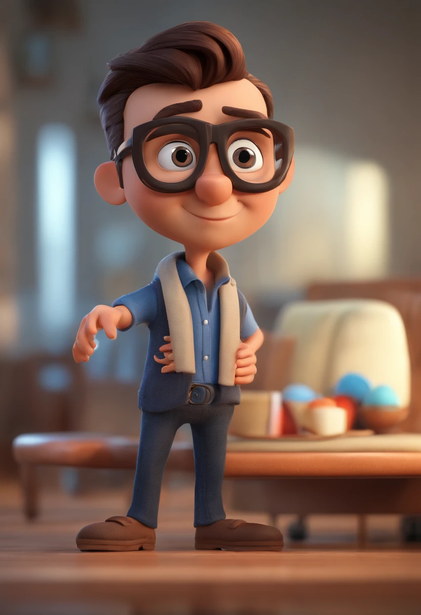Cartoon character of a man with black glasses and a blue shirt, animation character, Caractere estilizado, animation style rendering, 3D estilizado, Arnold Maya render, 3 d render stylized, toon render keyshot, Personagem 3D, Personagem 3D, 3d rendering stylized, 3 d character render, personagem de desenho animado, Personagem de close up, Pose de personagem, (Estilo Pixar) (master part:1.2) (Bokeh) (best quality) (pele detalhada) (textura detalhada) (8k) (argila) (Cinematic lighting) (foco nítido