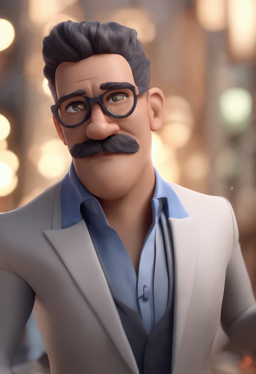 Cartoon character of a man with black glasses and a blue shirt, bigode baixo e barba curta, animation character, Caractere estilizado, animation style rendering, 3D estilizado, Arnold Maya render, 3 d render stylized, toon render keyshot, Personagem 3D, Personagem 3D, 3d rendering stylized, 3 d character render, personagem de desenho animado, Personagem de close up, Pose de personagem,  (Estilo Pixar) (master part:1.2) (Bokeh) (best quality) (pele detalhada) (textura detalhada) (8k) (argila) (Cinematic lighting) (foco nítido