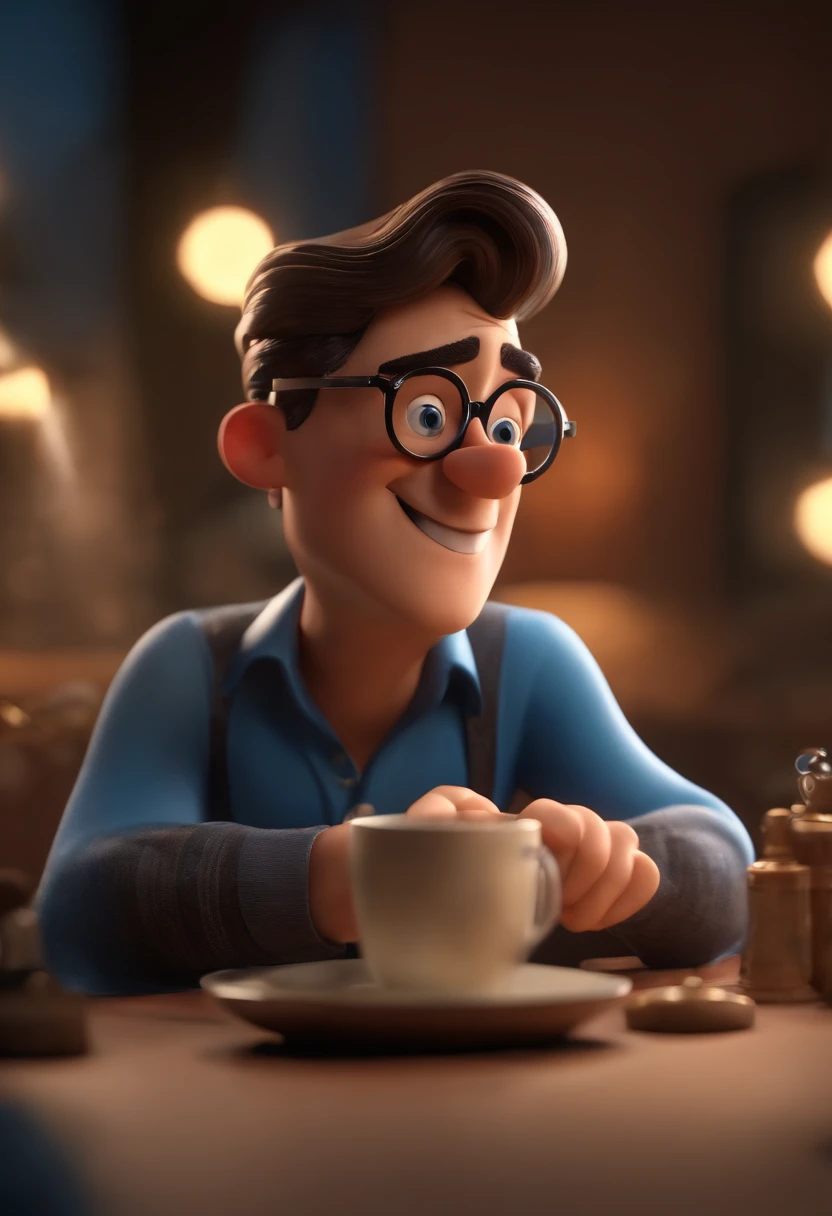 Cartoon character of a man wearing black glasses and a blue shirt, um personagem animado, Caractere estilizado, animation style rendering, 3D estilizado, Arnold Maya render, 3 d render stylized, toon render keyshot, Personagem 3D, Personagem 3D, 3d rendering stylized, 3 d character render, personagem de desenho animado, Personagem de close up, Pose de personagem, (Estilo Pixar) (master part:1.2) (Bokeh) (best quality) (pele detalhada) (textura detalhada) (8k) (argila) (Cinematic lighting) (foco nítido,Senta e vaza a parte superior do corpo
