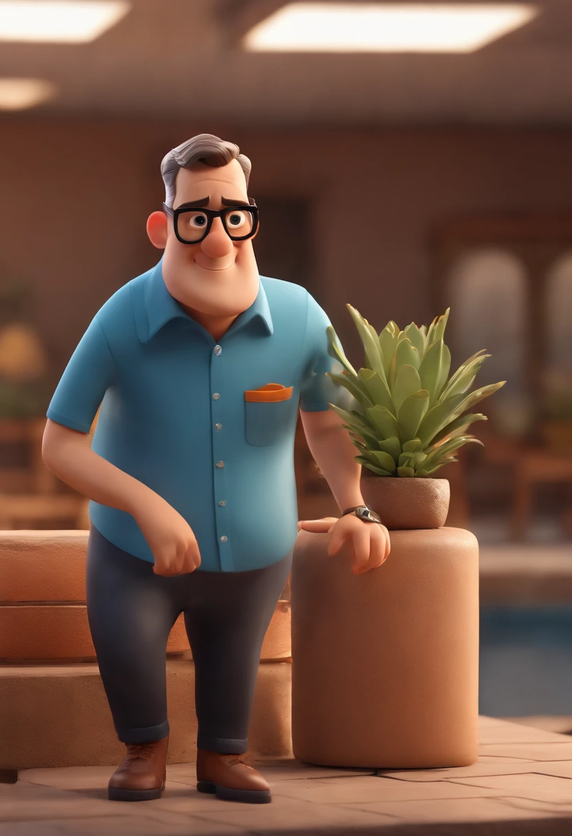 Cartoon character of a man wearing black glasses and a blue shirt, um personagem animado, Caractere estilizado, animation style rendering, 3D estilizado, Arnold Maya render, 3 d render stylized, toon render keyshot, Personagem 3D, Personagem 3D, 3d rendering stylized, 3 d character render, personagem de desenho animado, Personagem de close up, Pose de personagem, (Estilo Pixar) (master part:1.2) (Bokeh) (best quality) (pele detalhada) (textura detalhada) (8k) (argila) (Cinematic lighting) (foco nítido，Senta e vaza a parte superior do corpo