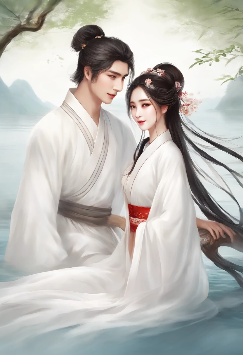 (A couple, beautiful girl and boy), big watery eyes, looking at each other, smiling and wearing white clothes, delicate hair, an ancient Chinese beauty and Handsome guy, wearing ancient Chinese clothing, flowing tulle, light silk,(clean background), ink painting style, clean color, decisive cutting, blank, freehand, masterpiece, super detailed, epic composition, high quality, the highest quality, 4k