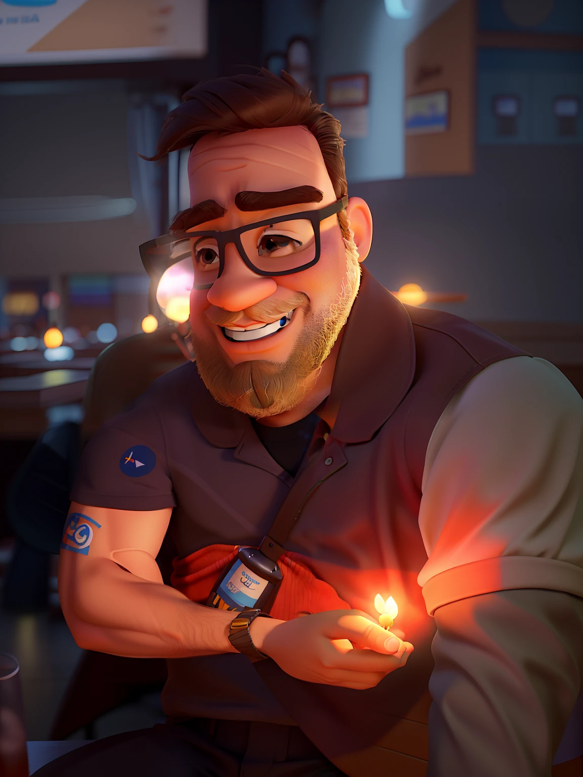 Poster no estilo Disney pixar, alta qualidade, melhor qualidade, homem sexy pardo, 30 anos cabelo grisalho barba preta, musculoso, com fundo em um restaurante a luz de velas