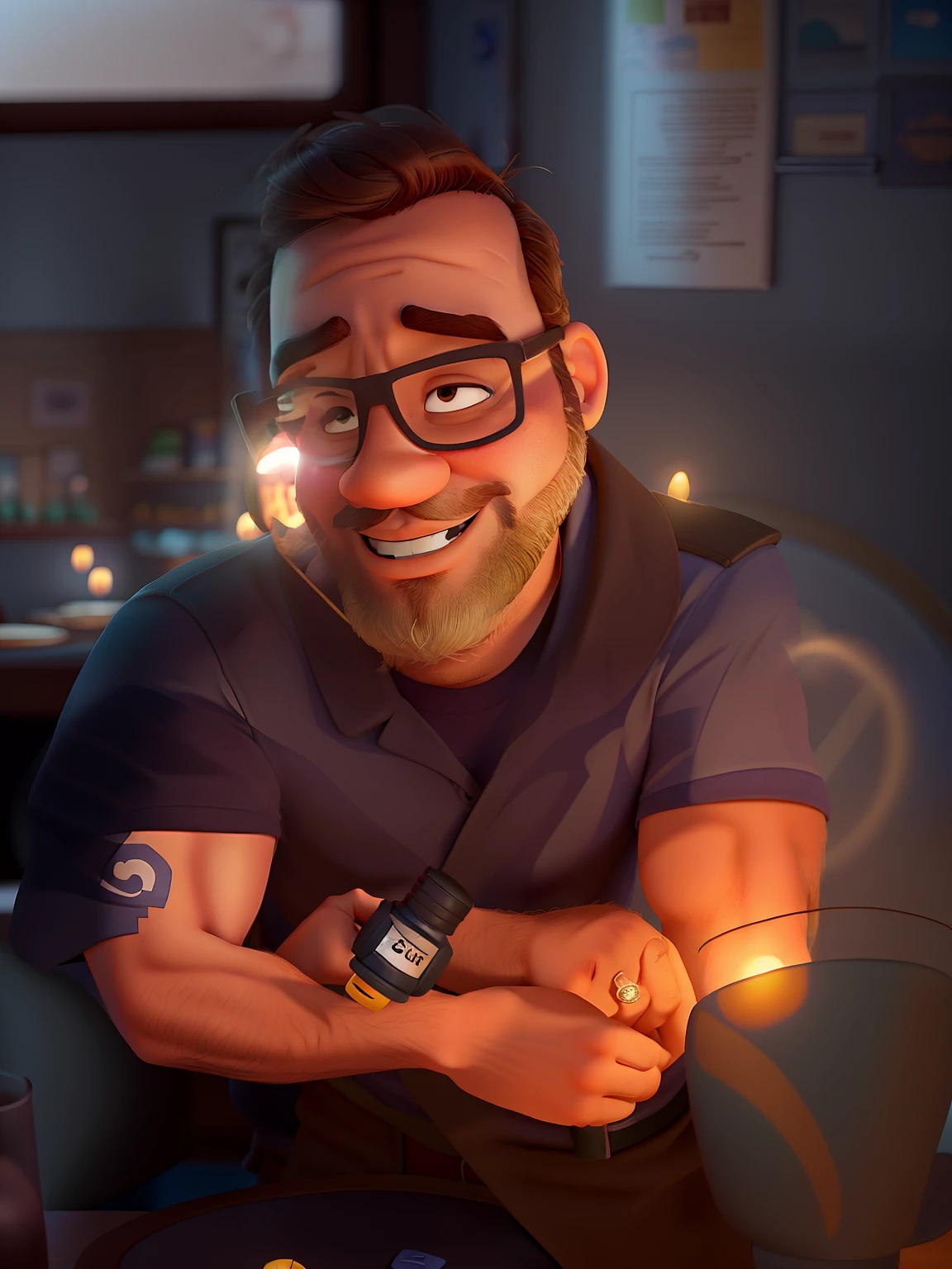 Poster no estilo Disney pixar, alta qualidade, melhor qualidade, homem sexy pardo, 30 anos cabelo grisalho barba preta, musculoso, com fundo em um restaurante a luz de velas