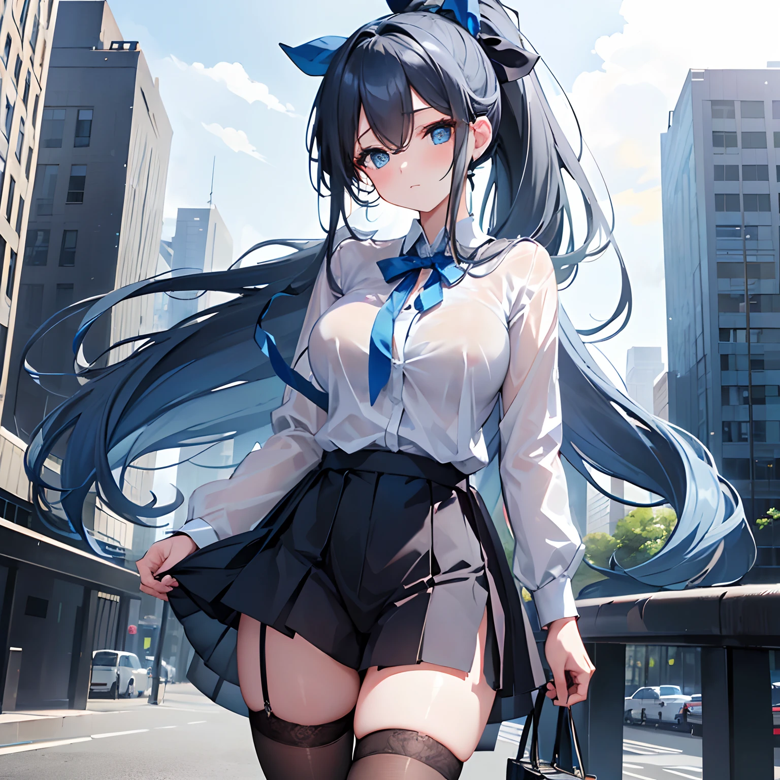(Masterpiece, 8k, 1 girl, solo, Arisu, Blue_Archive, mature woman) , grey long hair, ponytail with ribbon, hairbow, deep blue eyes, large breasts, blue blouse, white shirt, short trousers, cool legwear, city in background, gorgeous girl
