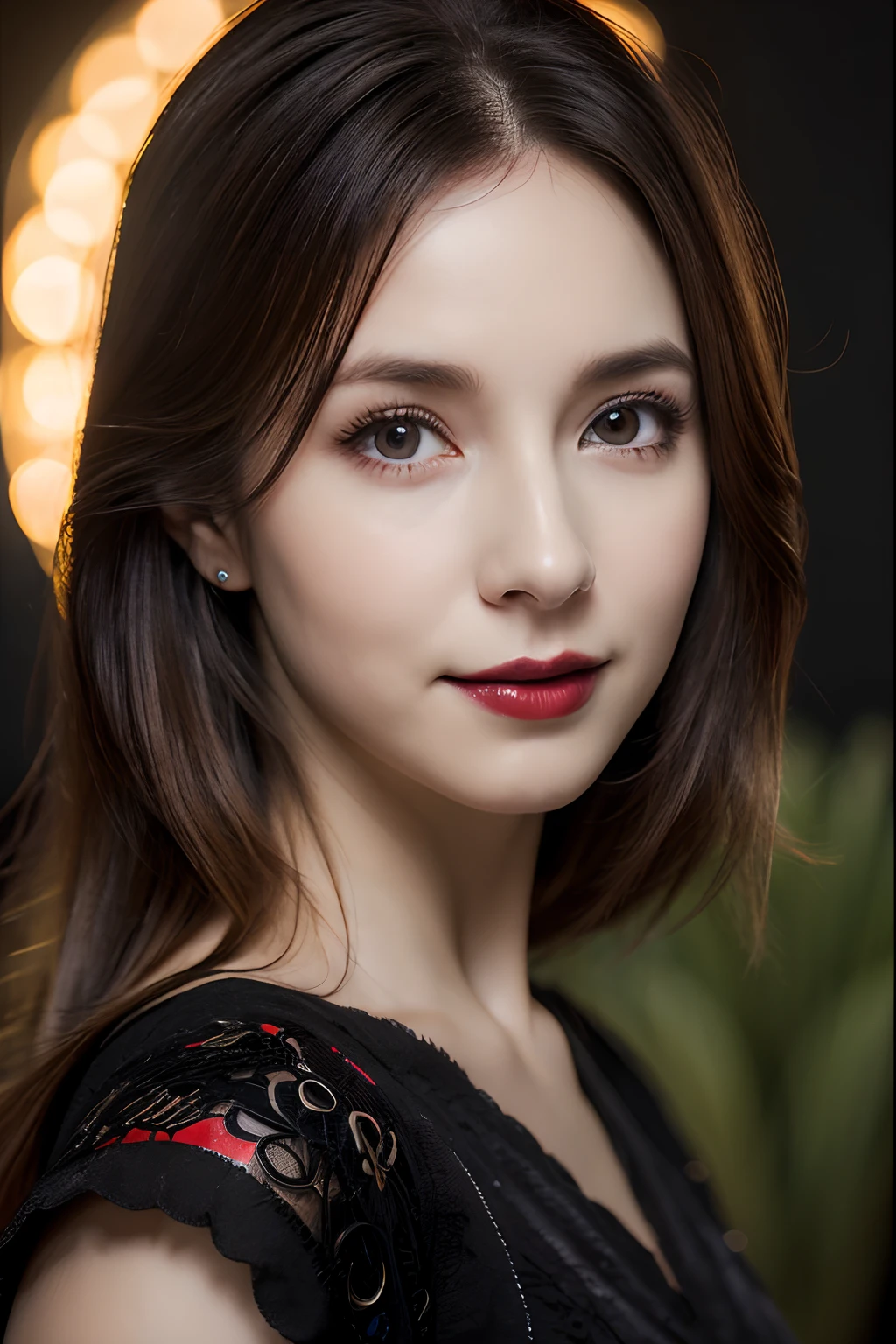 (8K, Raw-Photo, best qualtiy, tmasterpiece:1.2),(realisticlying, photograph realistic:1.4),(Highly detailed CG unity 8k wallpaper),(Round face: 1.5), (detailed pupil:1.3),(ligh brown hair), (复杂), (((Engraved Skull Armor))), (Composite Sharp Obsidian Crown), dinamic pose, Long hair (femele) By the Wind, Wicked and mocking smile, perfect faces, (photorealistic eyes), Round iris, ((Red Eyes))), perfect, intrikate, intricate eyes, Helios 44-2, ((Dark gothic background)), (candles), Bokeh Rodofiante, art station trend, FOCO Clear, studio photography, intriciate detail, elevated 
Detail, Clear, DND Characters, ((oil on canvas)), perfect light, ​masterpiece, detailed background, artgerm e arte de Greg Rutkowski, film lighting, （Young but very beautiful Korean 25 year old woman,Cool Eyes,little smile,Facing Forward,turned around,Looking at the camera,Unforgettable Eyes,The eyes are so beautiful.）