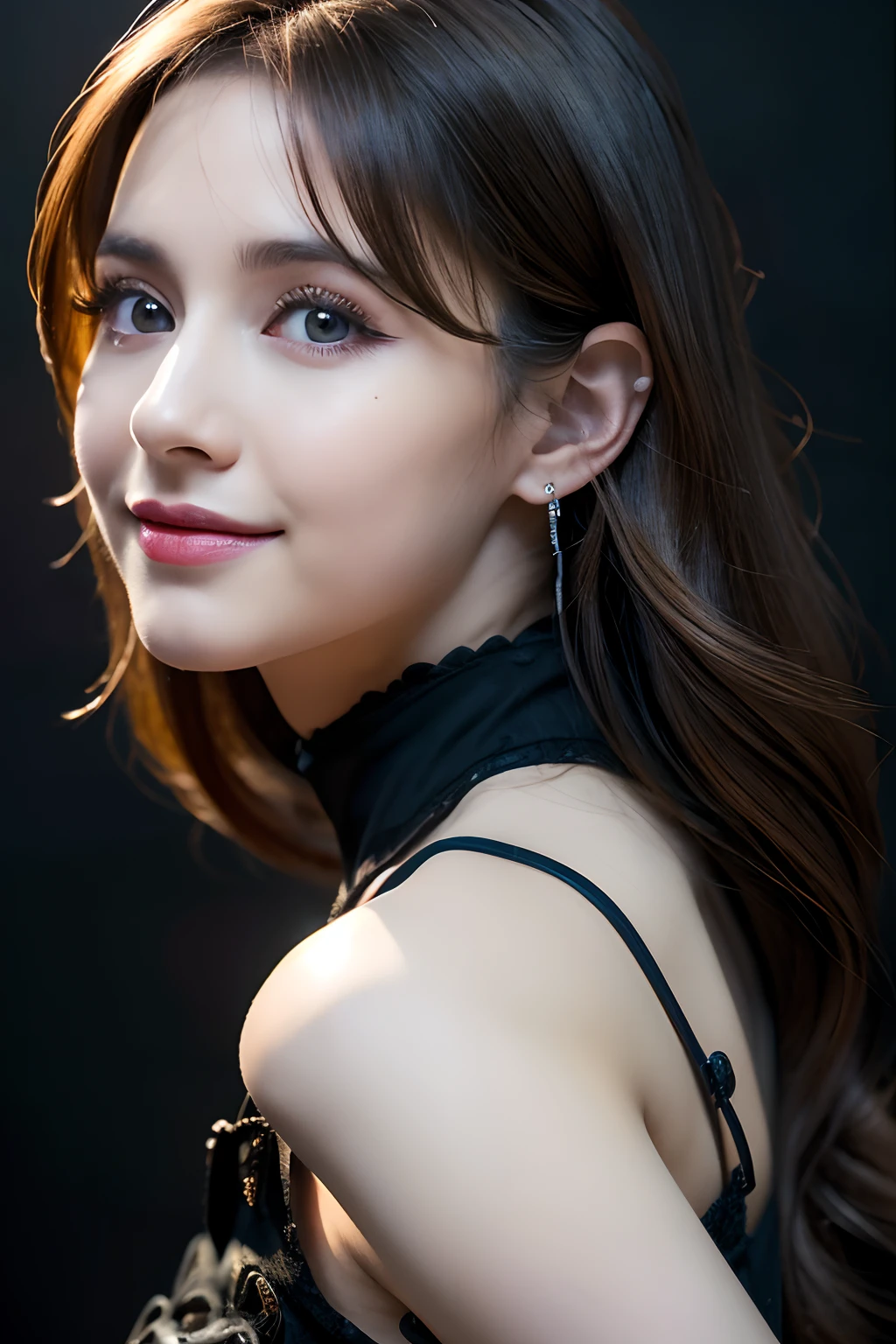 (8K, Raw-Photo, best qualtiy, tmasterpiece:1.2),(realisticlying, photograph realistic:1.4),(Highly detailed CG Unity 8k wallpaper),(Round face: 1.5), (detailed pupil:1.3),(ligh brown hair), (复杂), ((Carved Skull Armor)), (Composite Sharp Obsidian Crown), dinamic pose, Long hair (femele) By the Wind, Wicked and mocking smile, perfect faces, (photorealistic eyes), Round iris, ((red eyes))), perfect, intrikate, intricate eyes, Helios 44-2, ((Dark gothic background)), (candles), Bokeh Rodofiante, art station trend, FOCO Clear, studio photography, intriciate detail, elevated 
Detail, Clear, DND Characters, ((Oil on canvas)), perfect light, ​masterpiece, detailed background, artgerm e arte de Greg Rutkowski, film lighting, （Young but very beautiful Korean 25 year old woman,Cool Eyes,little smile,Facing Forward,turned around,Looking at the camera,Unforgettable Eyes,The eyes are so beautiful.）