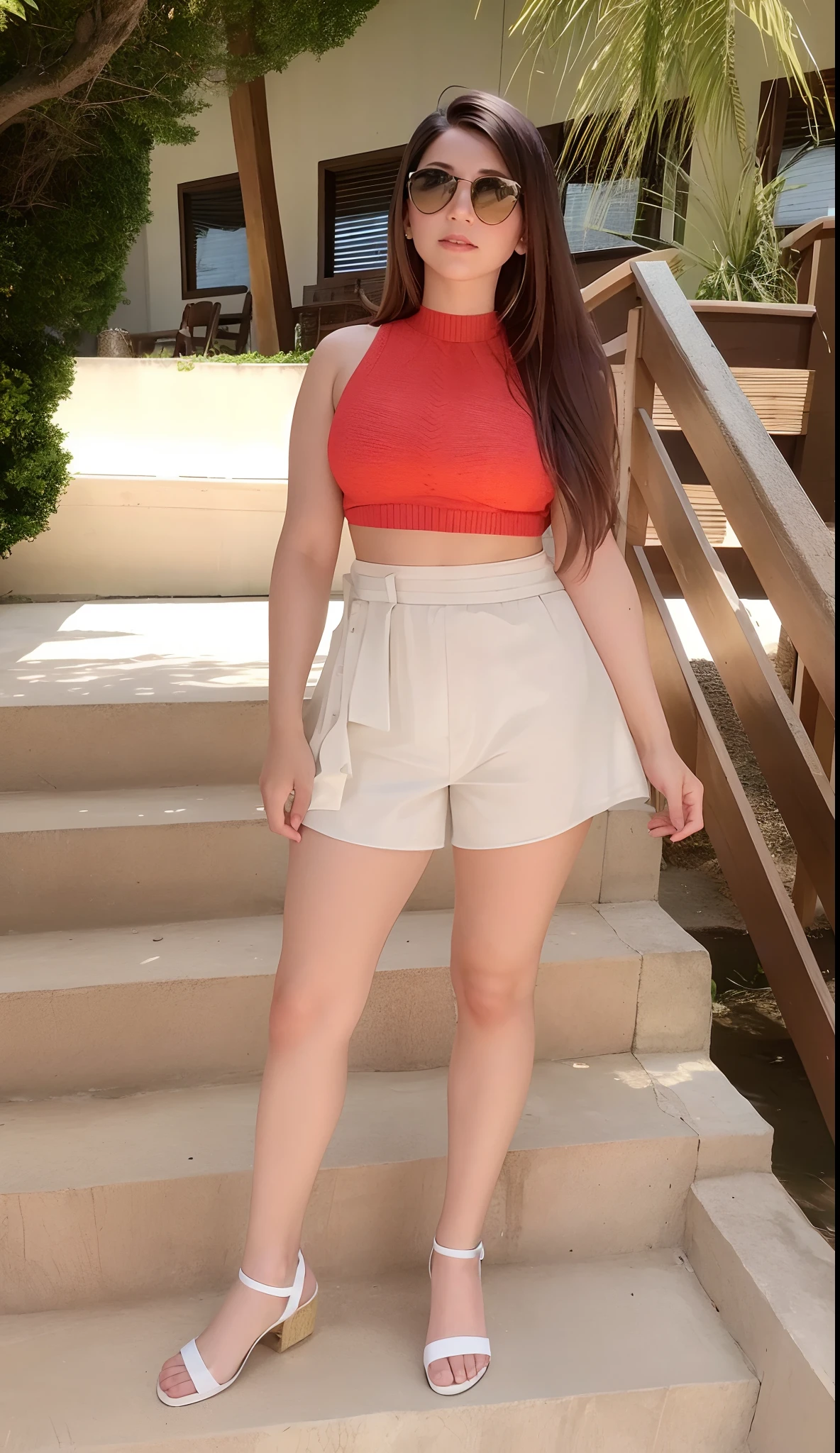 Woman in red top and tan shorts standing on a set of stairs, vestido com um top e shorts, croptop e shorts, foto da roupa, imagem de corpo inteiro, de bermuda, usando um top cropped sexy, vestindo shorts vermelhos, usando crop top, vestindo regata e bermuda, full body cute young lady, com cintura fina